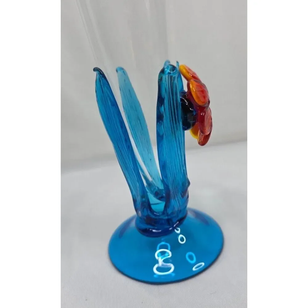 Vintage Murano Style Art Glass Vase | Blue Waves w/ Orange Flower | Hand Blown